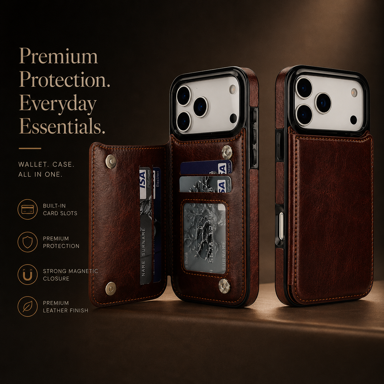 Premium iPhone Case Wallet Cover Card Holder Faux Leather Kickstand Double Magnetic Clasp Shockproof Full Coverage Slim Protective Design