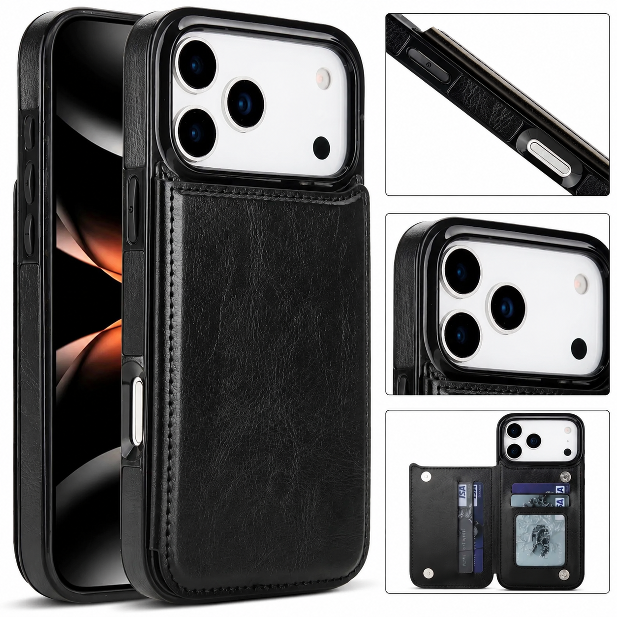 Premium iPhone Case Wallet Cover Card Holder Faux Leather Kickstand Double Magnetic Clasp Shockproof Full Coverage Slim Protective Design