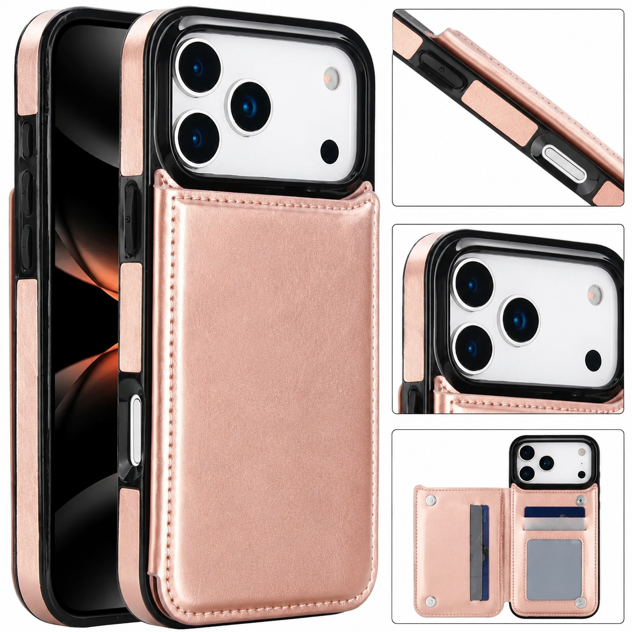 Premium iPhone Case Wallet Cover Card Holder Faux Leather Kickstand Double Magnetic Clasp Shockproof Full Coverage Slim Protective Design