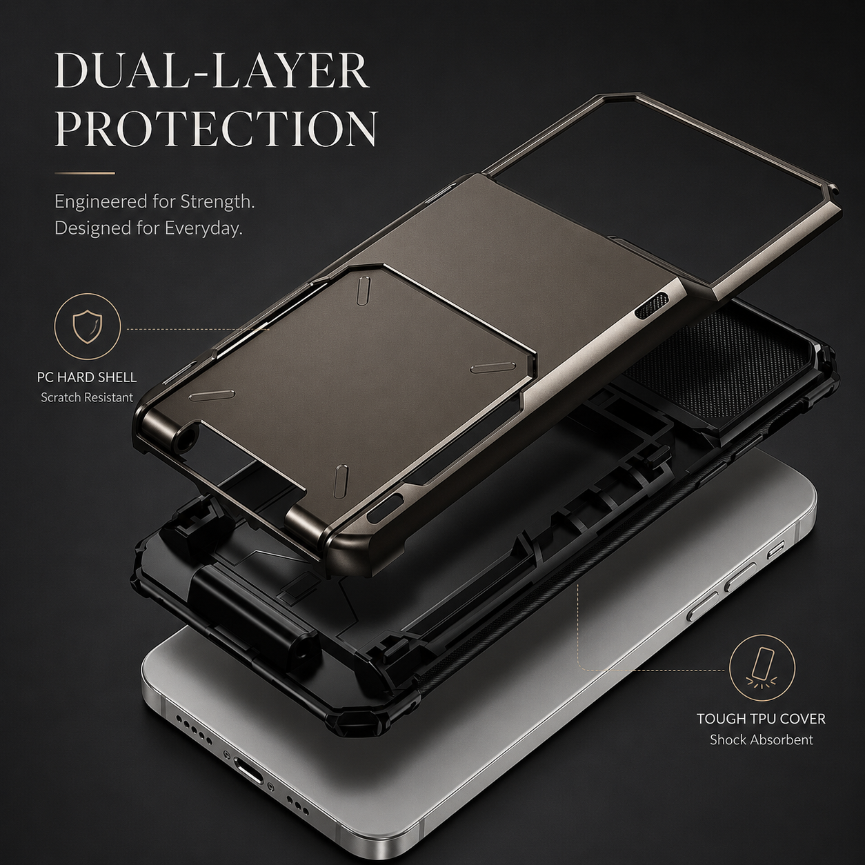 Premium iPhone Case Wallet Cover Hidden Card Holder Dual Layer Shockproof Armor Anti Scratch Raised Camera Protection Slim Full Coverage Design