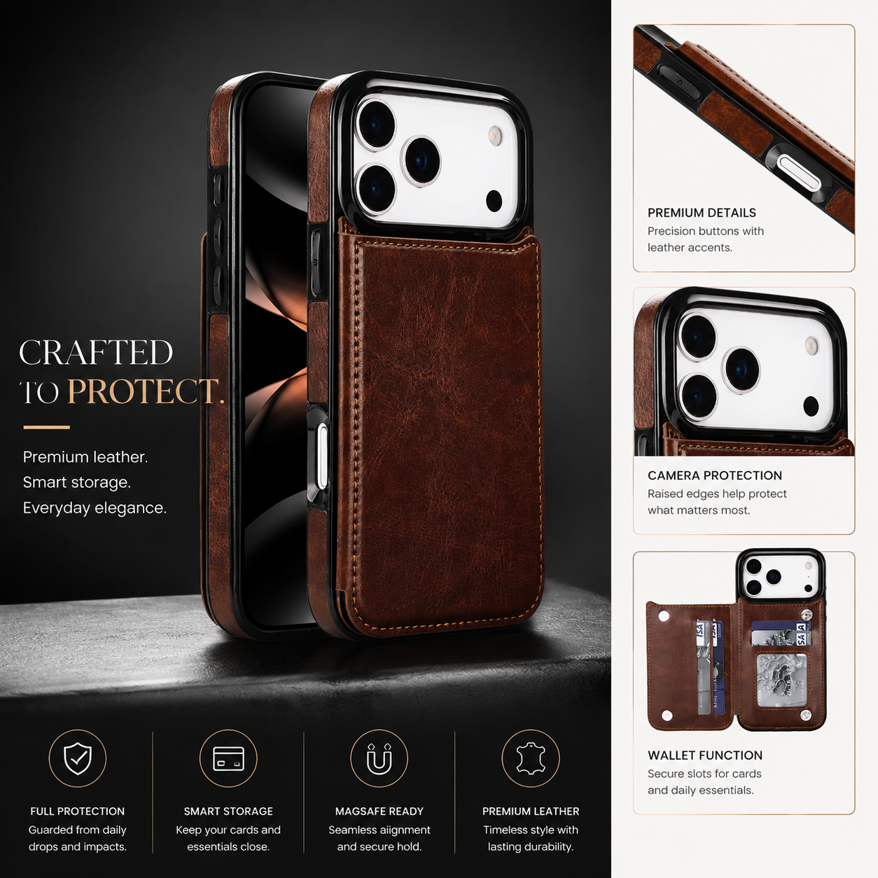 Premium iPhone Case Wallet Flip Cover Card Holder Magnetic Clasp Kickstand Faux Leather Shockproof Anti Scratch Slim Full Coverage Protective Design