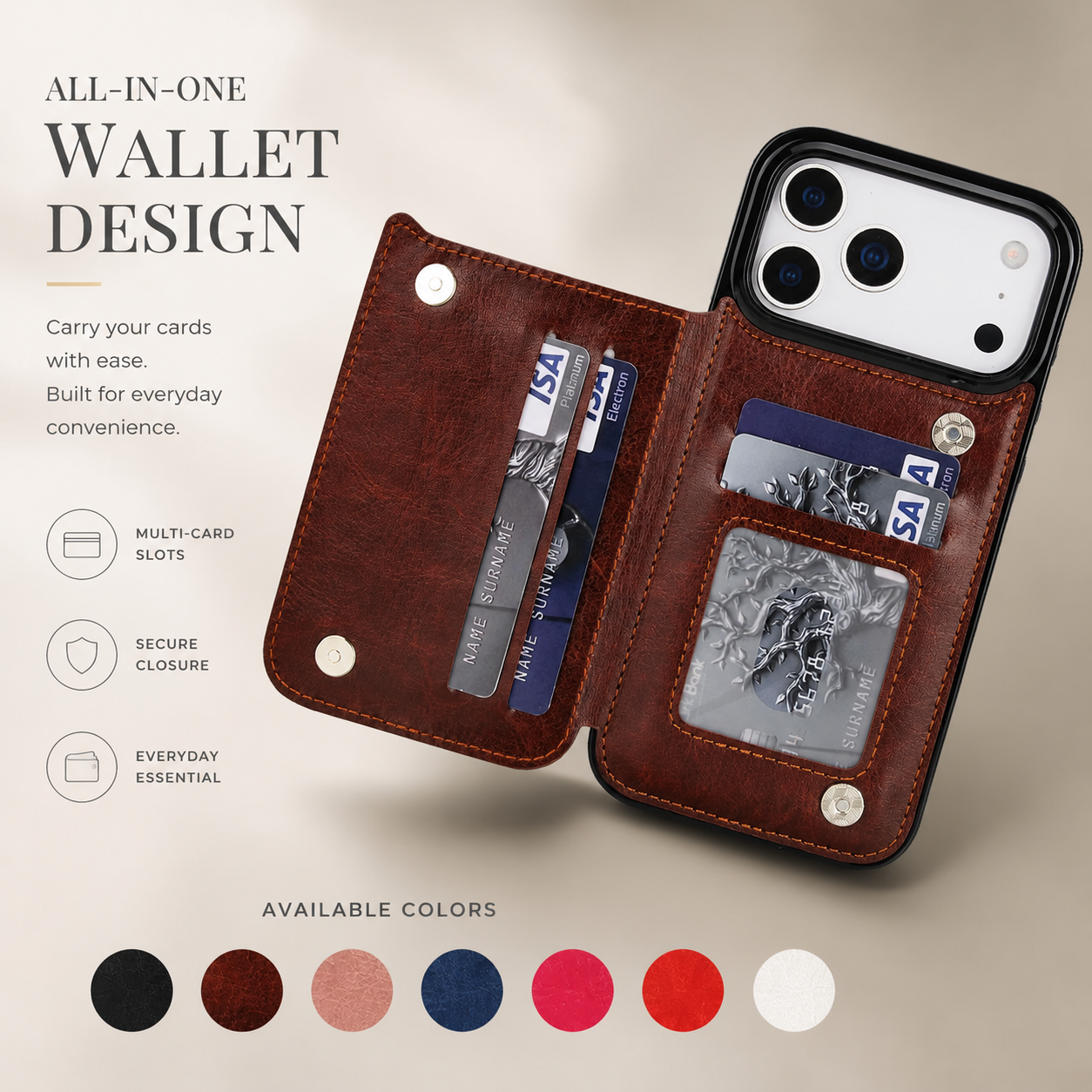 Premium iPhone Case Wallet Flip Cover Card Holder Magnetic Clasp Kickstand Faux Leather Shockproof Anti Scratch Slim Full Coverage Protective Design
