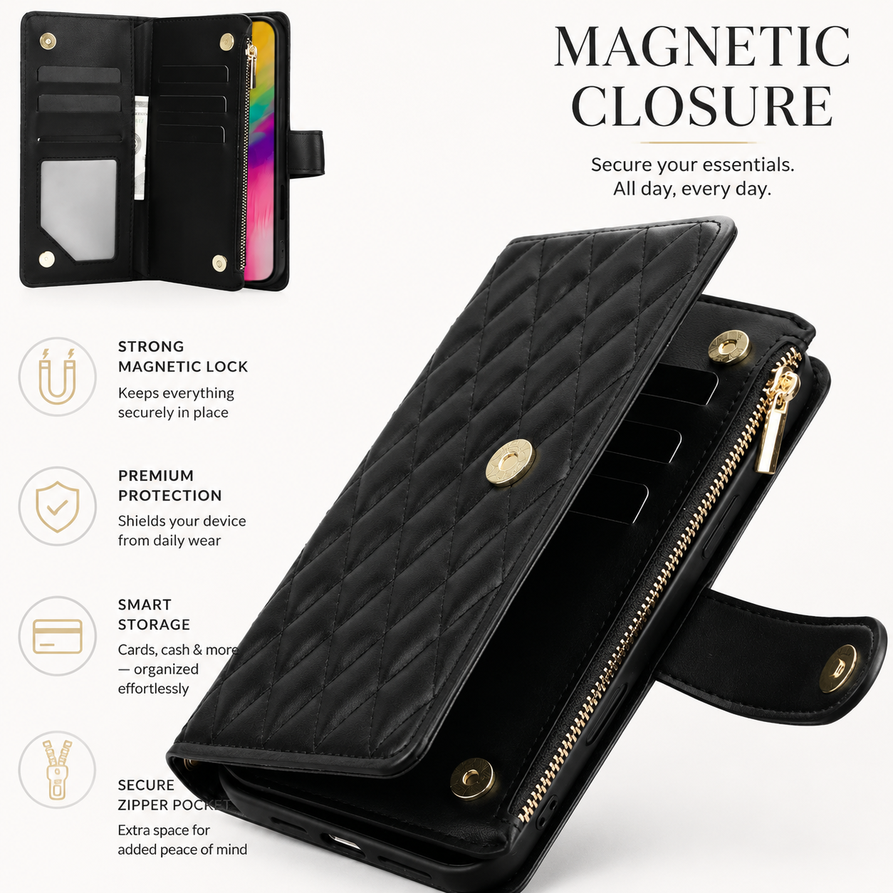 Premium iPhone Case Wallet Flip Cover Magnetic Zipper Card Holder Leather Chain Strap Shockproof Anti Scratch Full Coverage Protective Design
