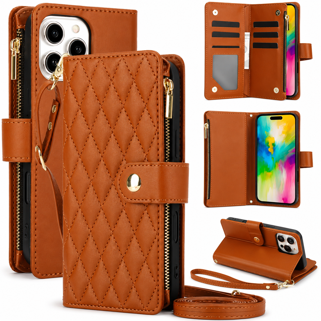Premium iPhone Case Wallet Flip Cover Magnetic Zipper Card Holder Leather Chain Strap Shockproof Anti Scratch Full Coverage Protective Design
