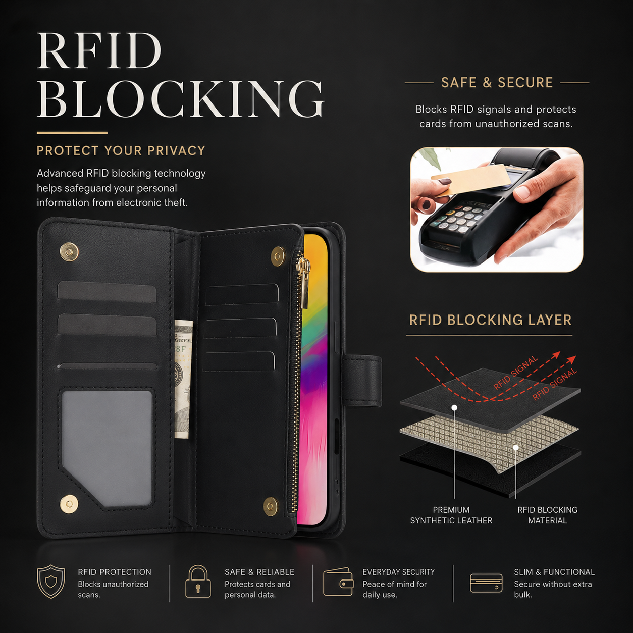 Premium iPhone Case Wallet Flip Cover Magnetic Zipper Card Holder Leather Chain Strap Shockproof Anti Scratch Full Coverage Protective Design