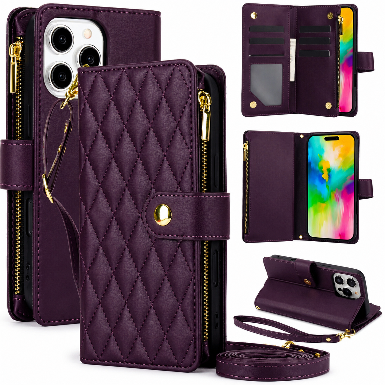 Premium iPhone Case Wallet Flip Cover Magnetic Zipper Card Holder Leather Chain Strap Shockproof Anti Scratch Full Coverage Protective Design