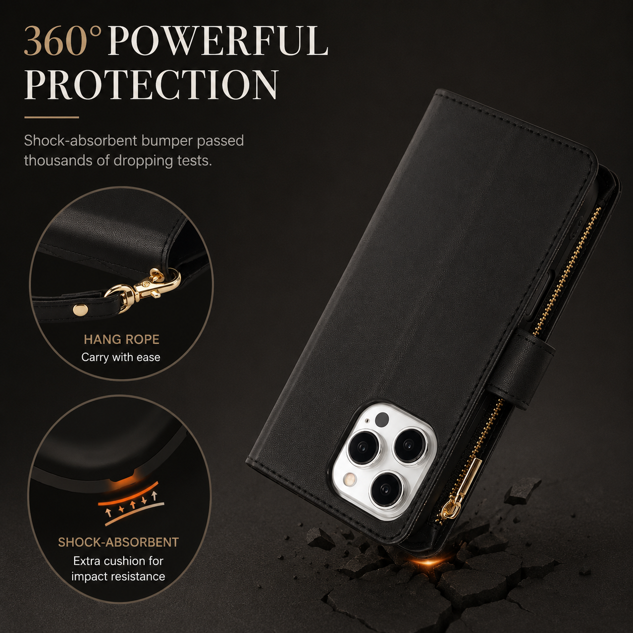 Premium iPhone Case Wallet Flip Cover Magnetic Zipper Card Holder Leather Chain Strap Shockproof Anti Scratch Full Coverage Protective Design