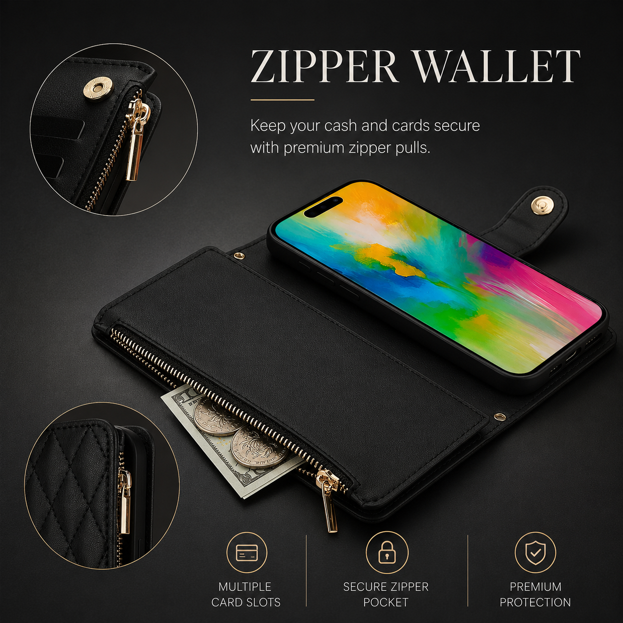 Premium iPhone Case Wallet Flip Cover Magnetic Zipper Card Holder Leather Chain Strap Shockproof Anti Scratch Full Coverage Protective Design