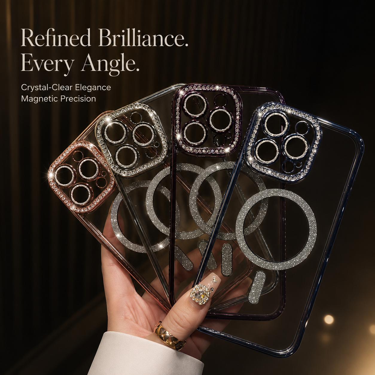 Premium iPhone Case MagSafe Compatible Transparent Glitter Diamond Design Shockproof Bumper Protective Cover Camera Lens Guard Ultra Thin Slim Design