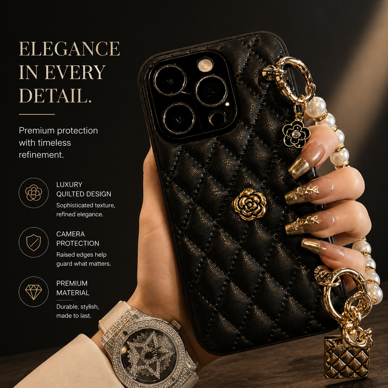 Premium iPhone Case 3D Camellia Floral Design Protective Cover Chain Strap Shockproof Slim Lightweight Elegant Full Coverage Luxury Fashion Case