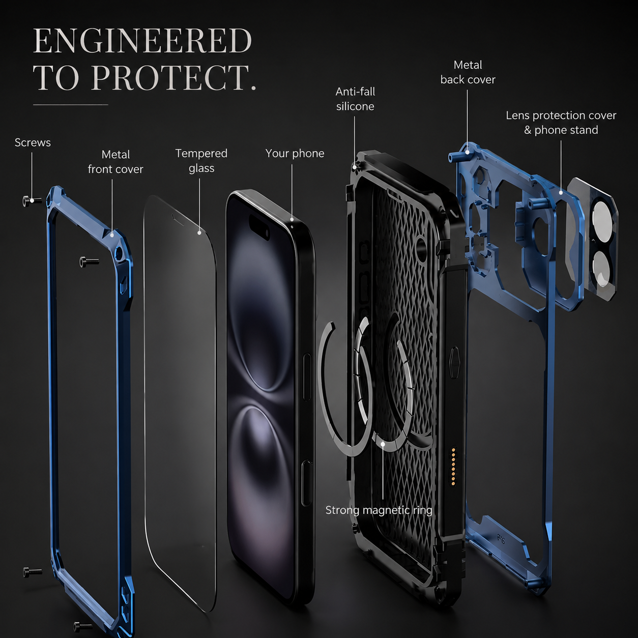 Premium iPhone Case Heavy Duty Metal MagSafe Cover Camera Guard Kickstand 9H Screen Protector Shockproof Aluminum Bumper Full Coverage Protective Design