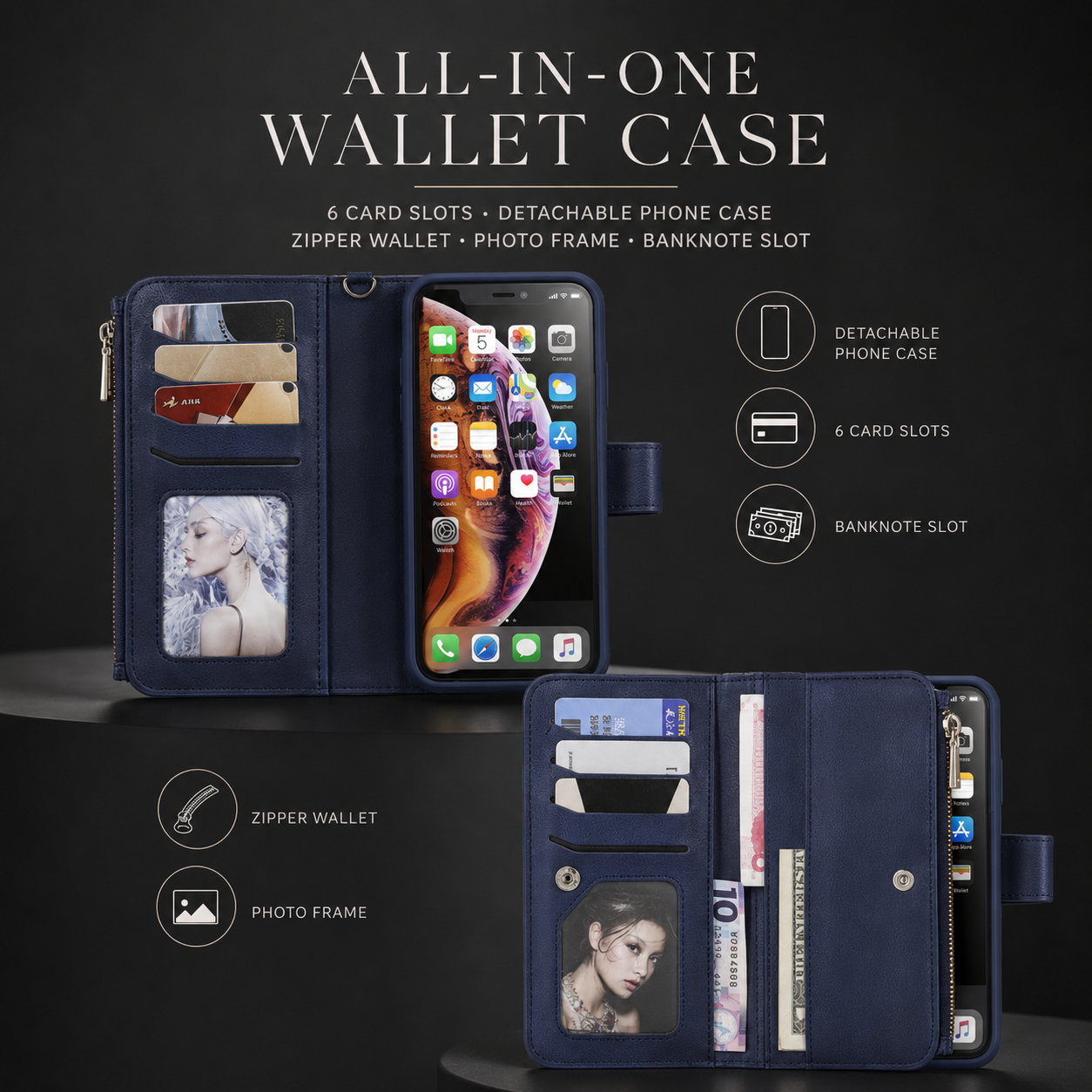 Premium iPhone Case Magnetic Detachable Wallet PU Leather Flip Cover Card Holder Kickstand Shockproof Full Coverage Protective Design