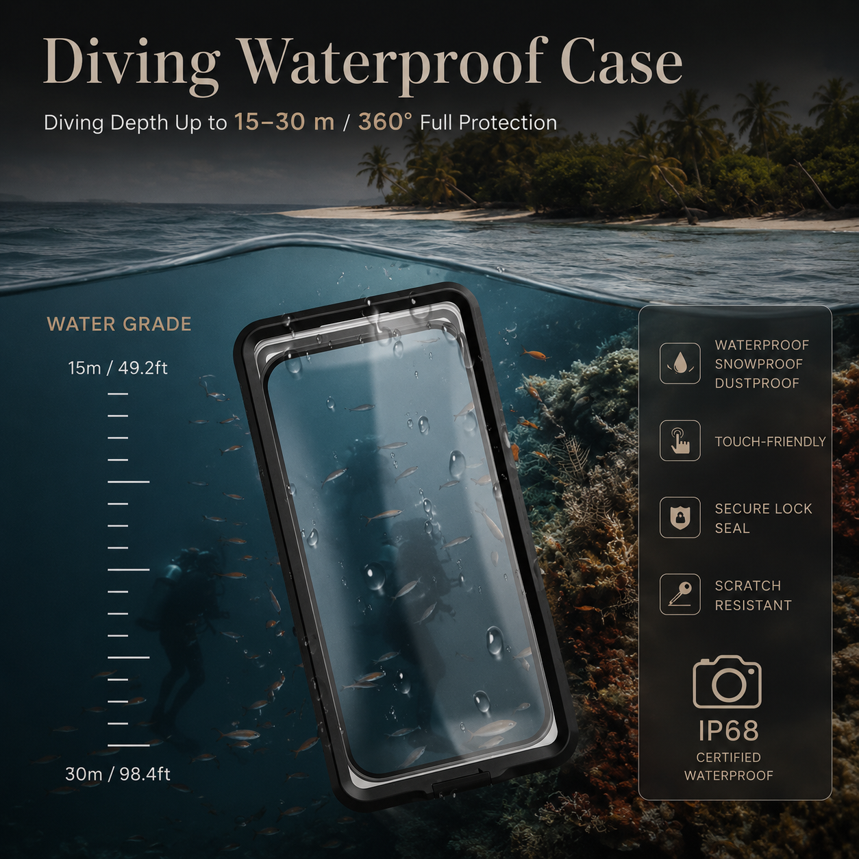 Premium iPhone Case Waterproof IP68 Protective Cover Full Body Shockproof Vacuum Seal System Underwater Touchscreen Access Dustproof Durable Design