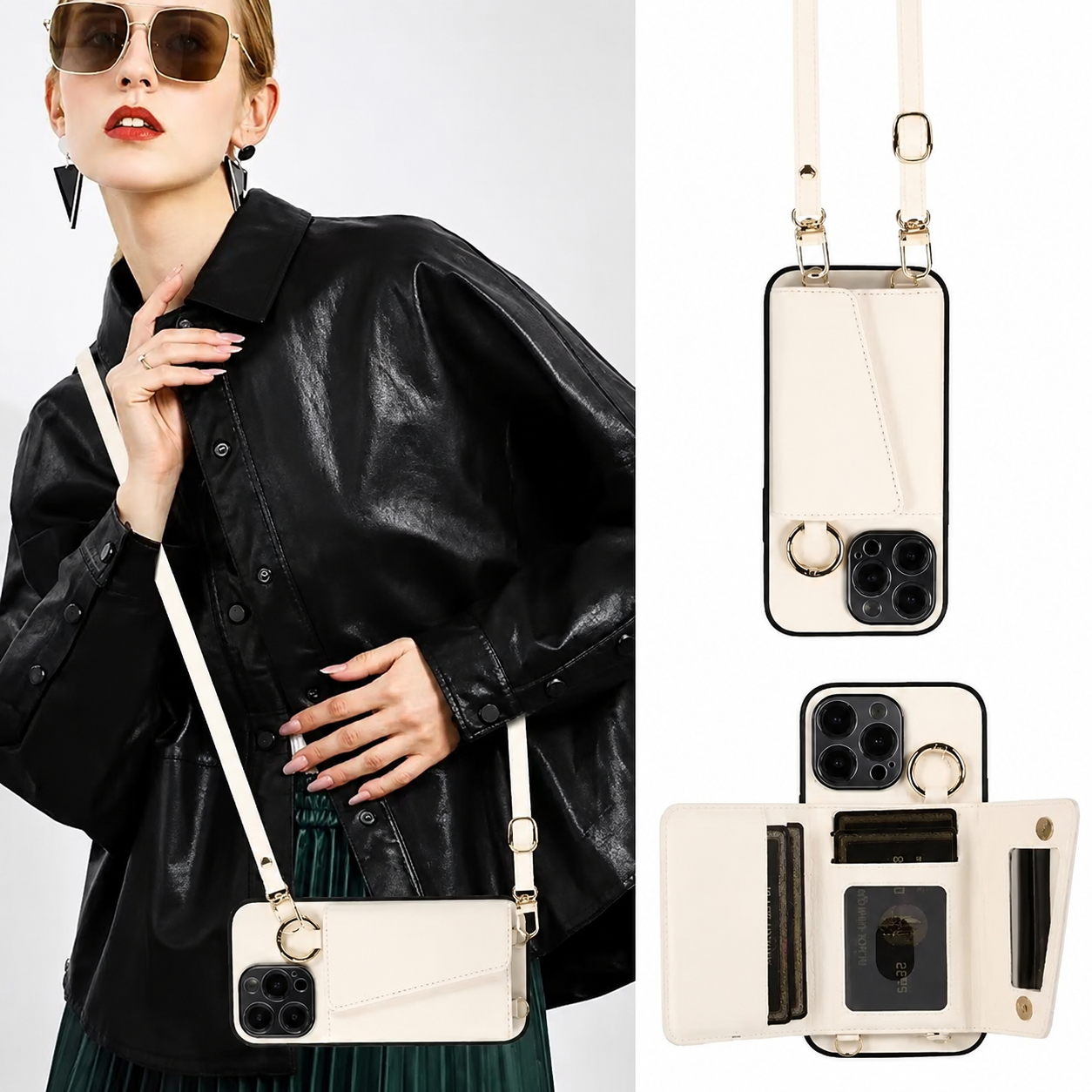 Premium iPhone Case MagSafe Compatible Magnetic Crossbody Wallet Cover PU Leather Card Holder Finger Ring Stand Strap Shockproof Full Coverage Design