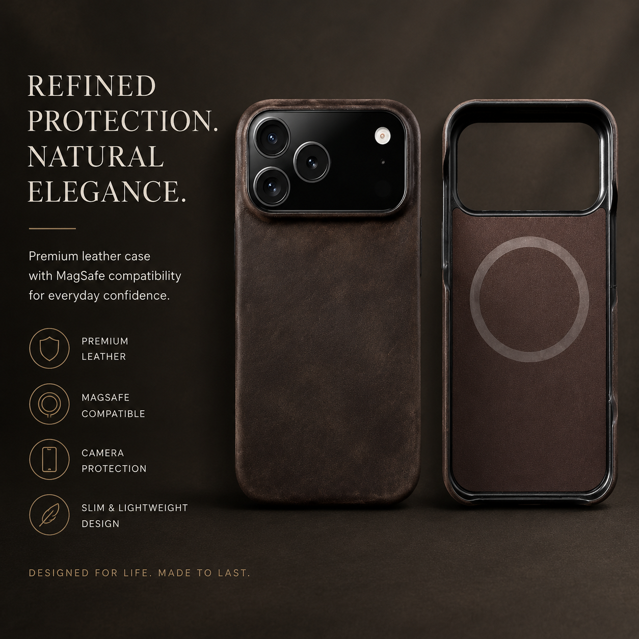 Premium iPhone Case MagSafe Compatible Genuine Leather Magnetic Cover Cowhide Texture Shockproof Protective Cover Anti Scratch Full Back Slim