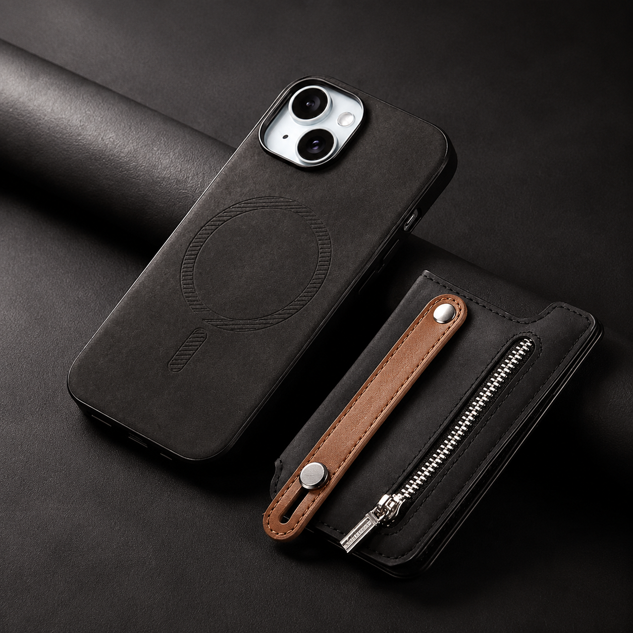 Premium iPhone Wallet Case Detachable Zipper Flip Cover PU Leather Card Holder Magnetic Closure Wrist Strap Shockproof Full Coverage Protective Design