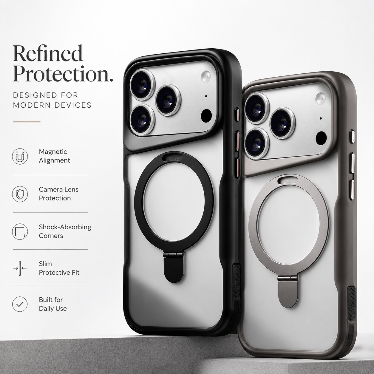 Premium iPhone Case MagSafe Compatible Magnetic Ring Stand Protective Cover Shockproof Bumper Camera Lens Protection Matte Translucent Slim Full Coverage