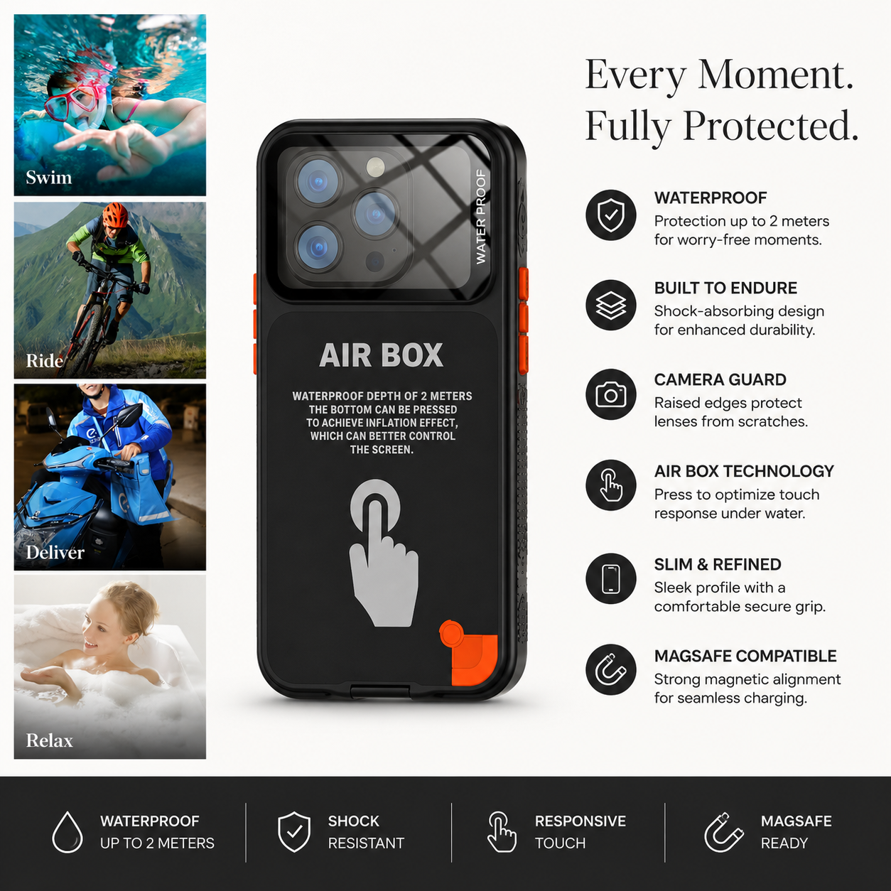Premium iPhone Case Waterproof IP68 Full Body Sealed Cover Shockproof Dustproof Protective Camera Lens Protection Underwater Outdoor Full Coverage