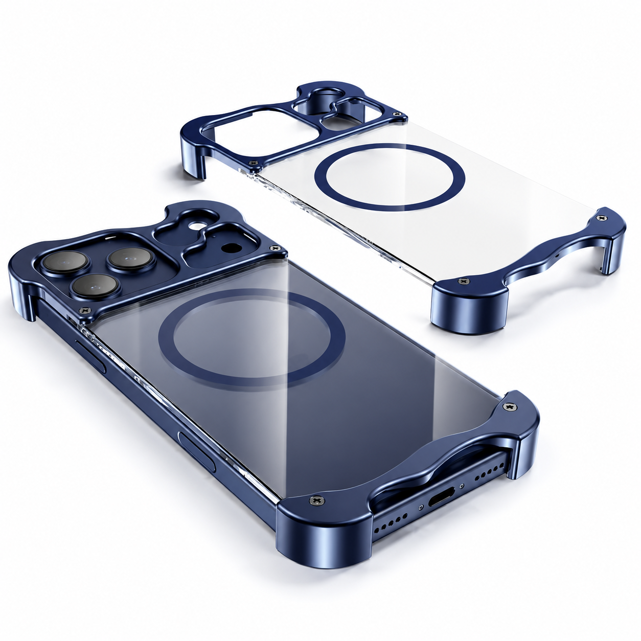 Premium iPhone Case MagSafe Compatible Magnetic Bumper Aluminum Corner Protection Transparent Back Shockproof Camera Lens Guard Slim Frameless Protective Cover