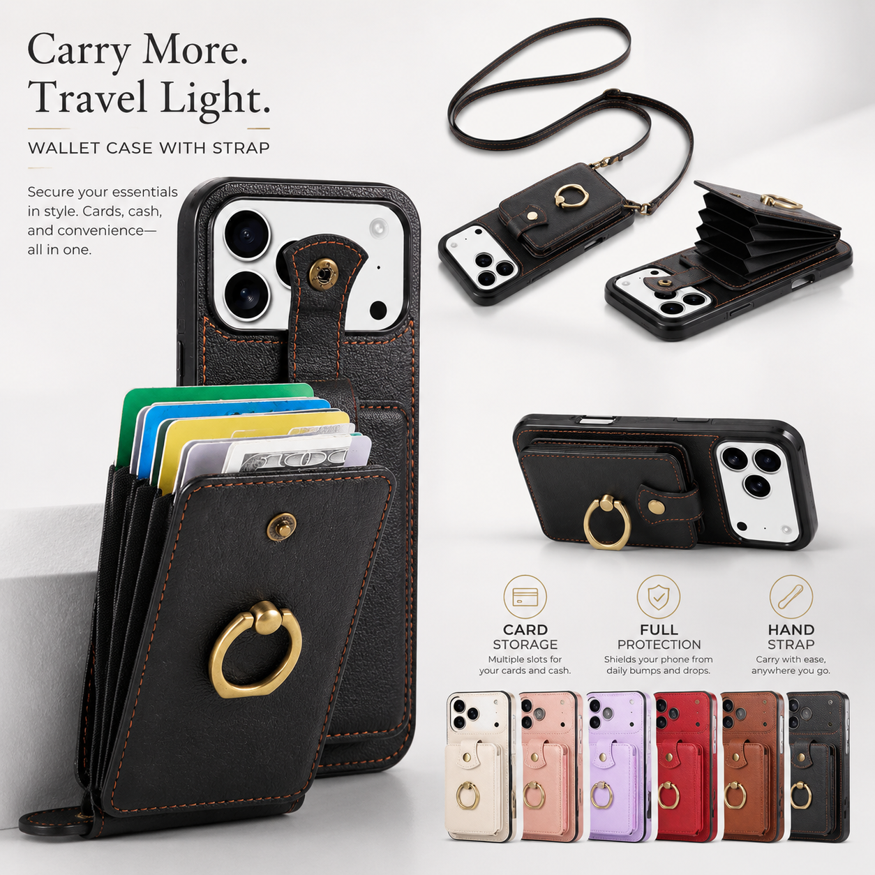 Premium iPhone Case Wallet Cover Card Holder RFID Blocking Ring Kickstand PU Leather Shockproof Protective Cover Anti Scratch Slim Full Protection