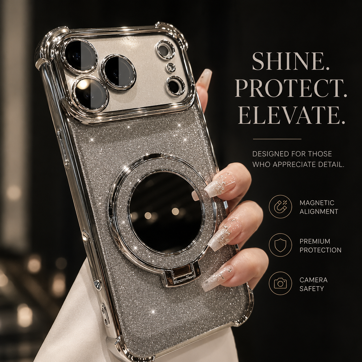 Premium iPhone Case Glitter Mirror Magnetic Bracket Cover Shockproof Silicone Non Slip Anti Scratch Full Coverage Stand Holder Protective Design