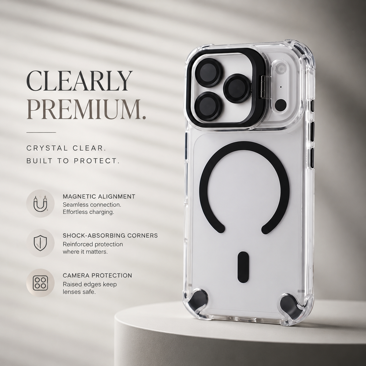 Premium iPhone Case Transparent Magnetic Shockproof Cover Glass Lens Protector Stand Holder MagSafe Compatible Non Slip Full Coverage Design