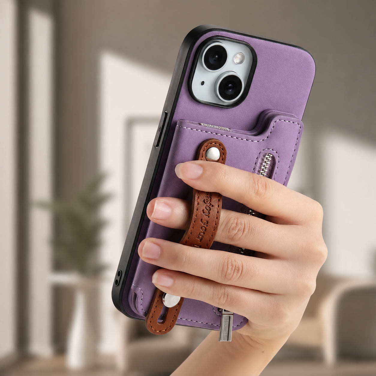 Premium iPhone Wallet Case Detachable Zipper Flip Cover PU Leather Card Holder Magnetic Closure Wrist Strap Shockproof Full Coverage Protective Design