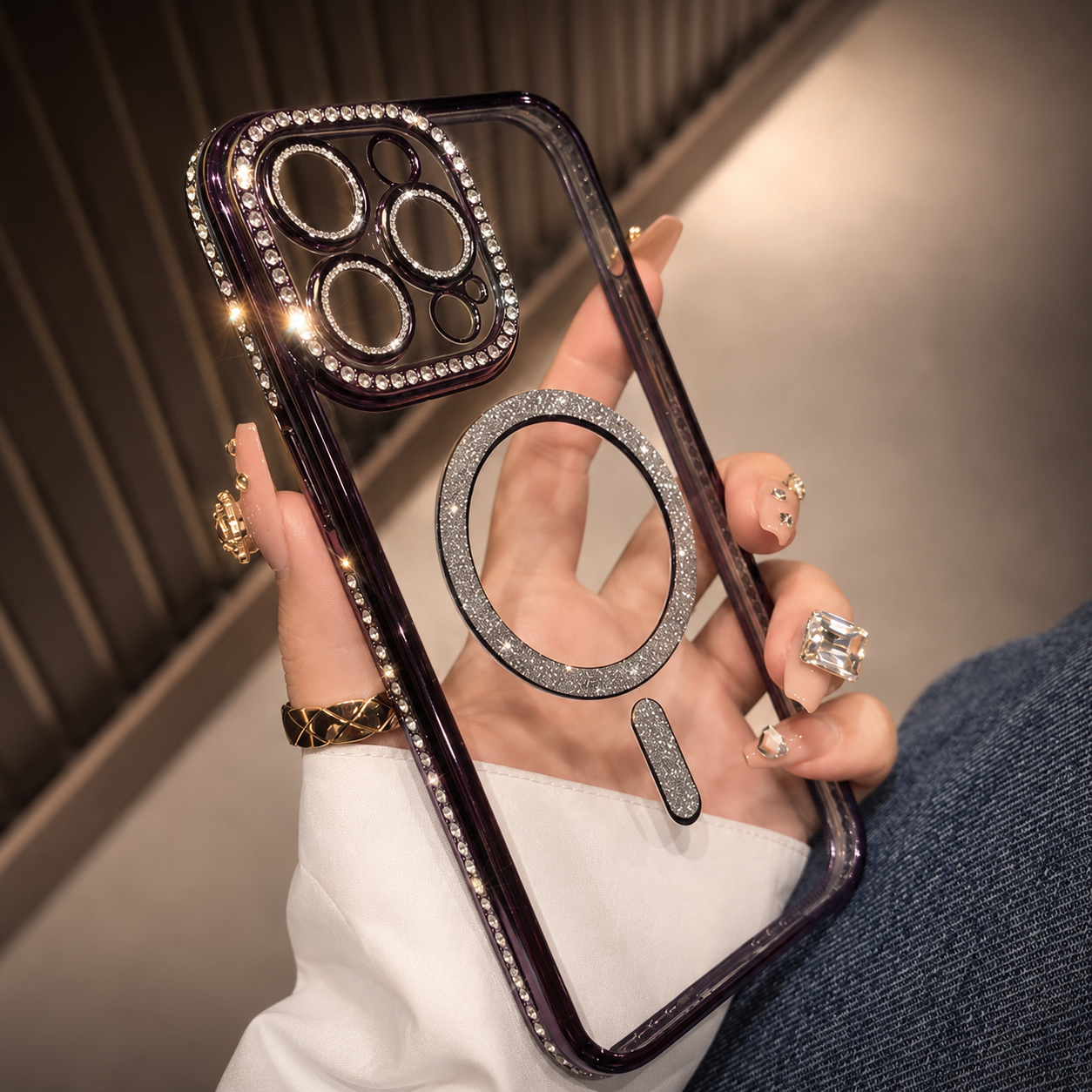 Premium iPhone Case MagSafe Compatible Transparent Glitter Diamond Design Shockproof Bumper Protective Cover Camera Lens Guard Ultra Thin Slim Design