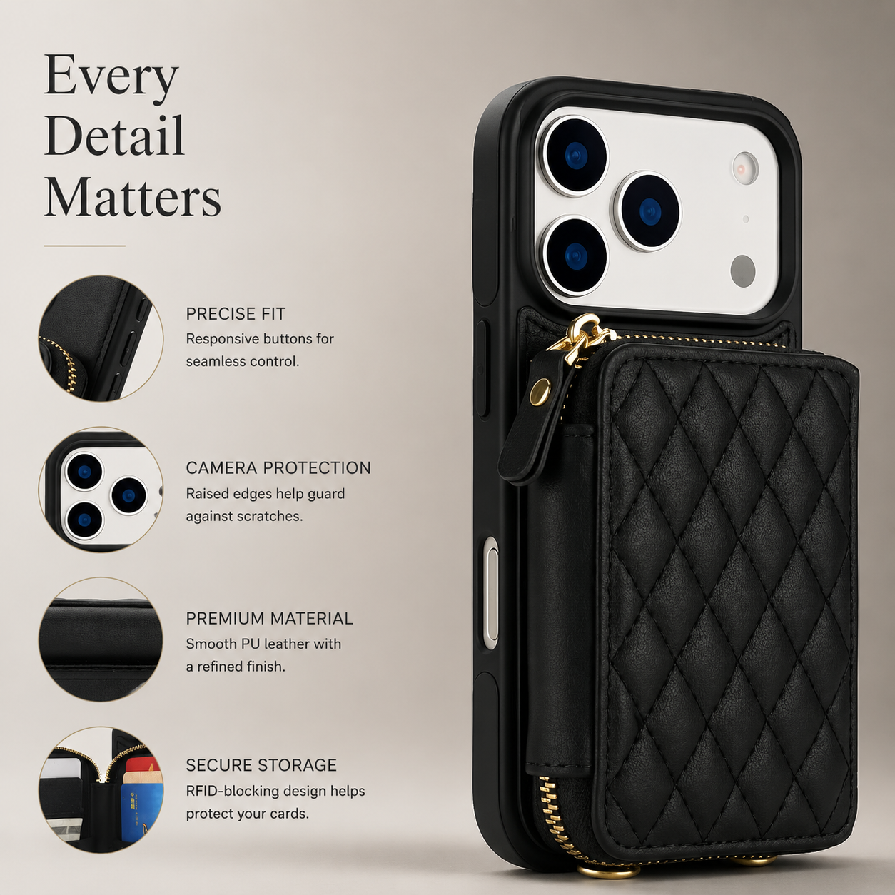 Premium iPhone Case Crossbody Wallet Folio Cover RFID Blocking Card Holder Zipper Kickstand Wrist Strap Shockproof Protective Full Coverage