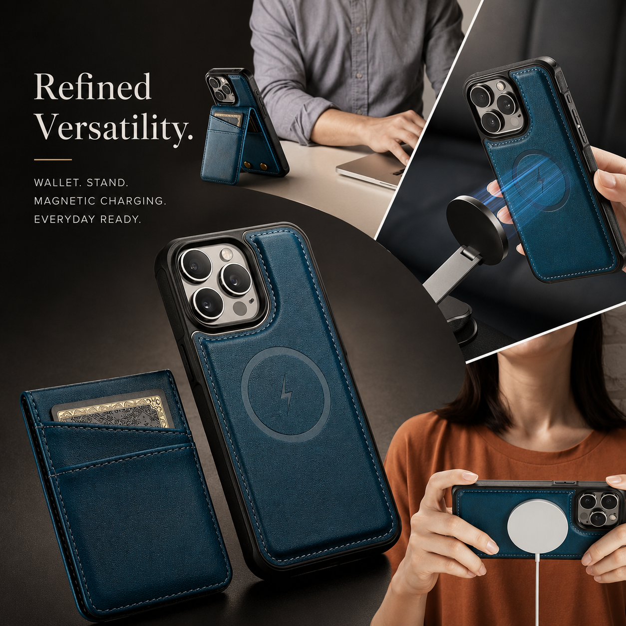 Premium iPhone Case Magnetic Detachable Wallet Flip Cover PU Leather Card Holder Cash Pocket Wrist Strap Shockproof Full Coverage Protective Design