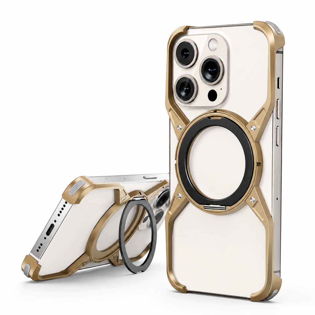Premium iPhone Case MagSafe Compatible Magnetic Aluminum Bumper Frame Cover 360 Rotating Ring Stand Shockproof Edge Protection Camera Lens Guard Slim Design