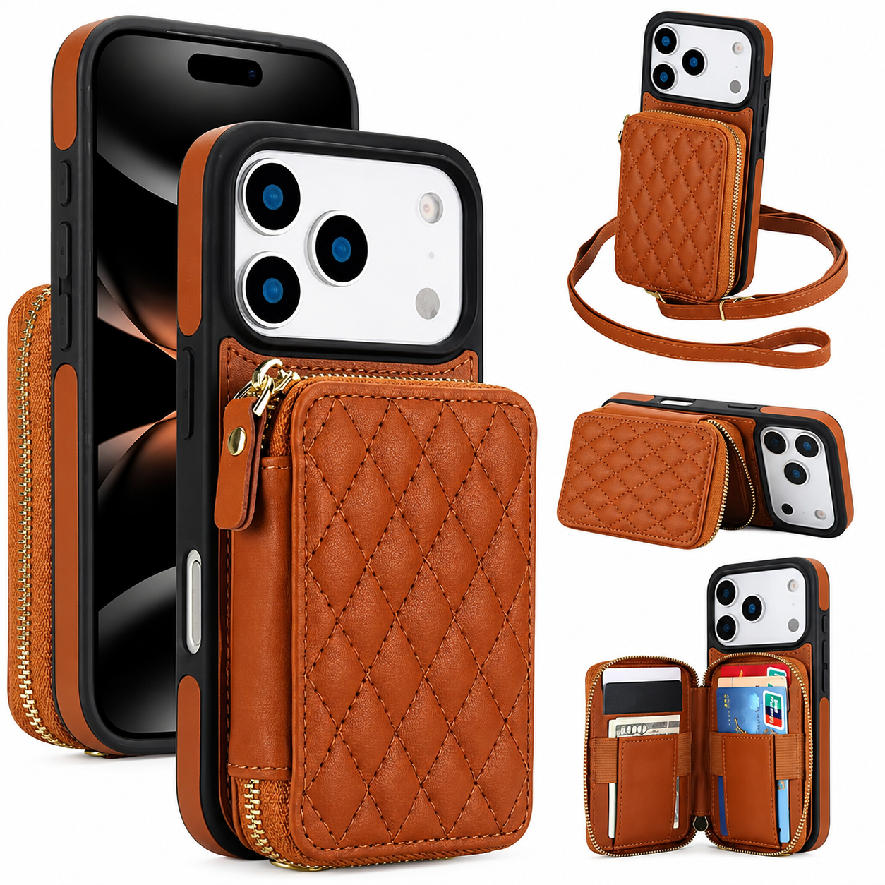 Premium iPhone Case Crossbody Wallet Folio Cover RFID Blocking Card Holder Zipper Kickstand Wrist Strap Shockproof Protective Full Coverage