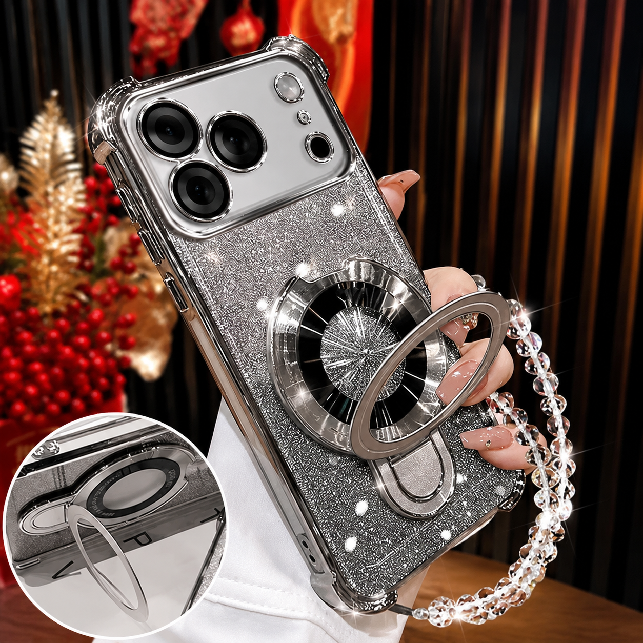 Premium iPhone Case Glitter Magnetic Bracelet Cover MagSafe Kickstand Shockproof Dual Layer Anti Fingerprint Non Slip Full Coverage Protective Design