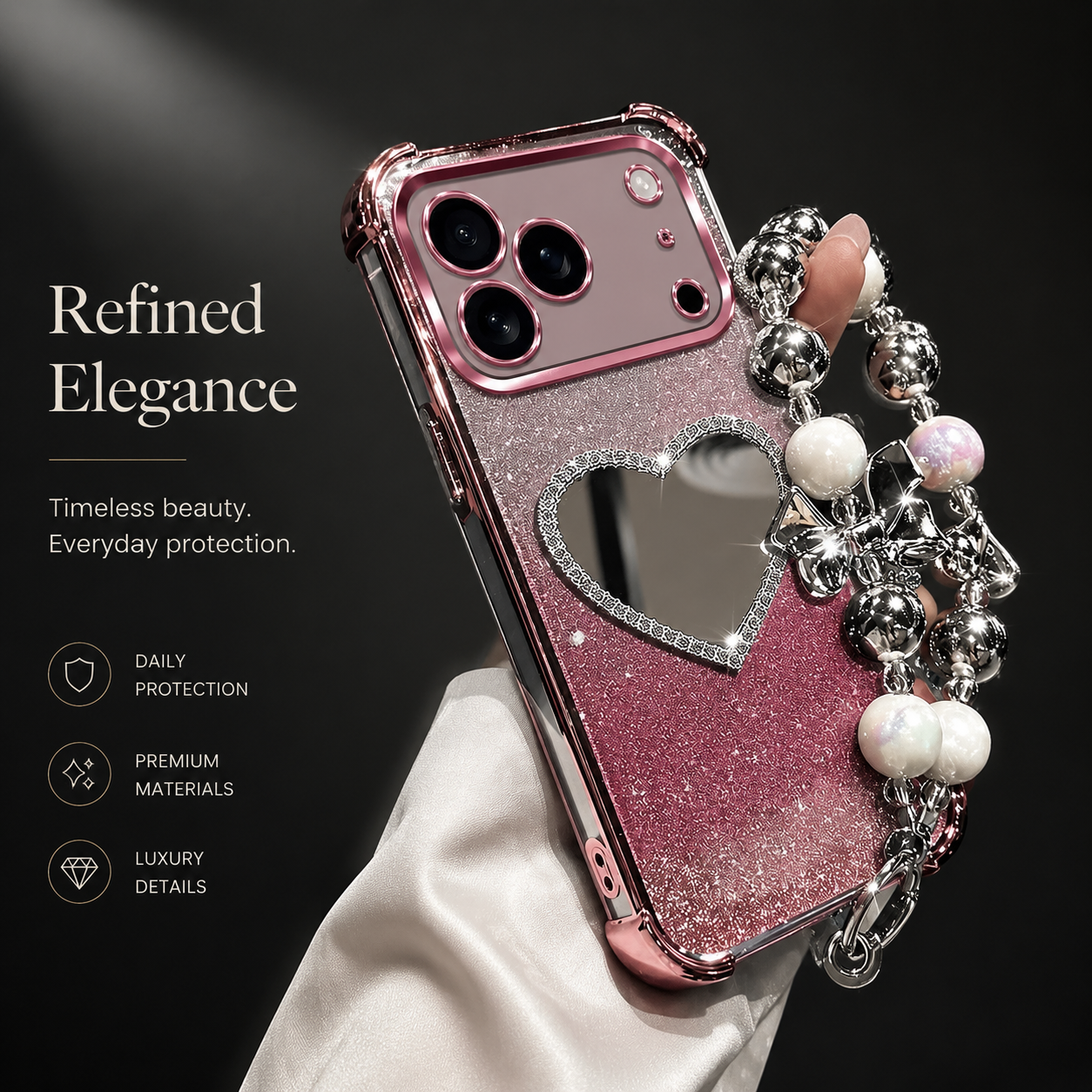 Premium iPhone Case MagSafe Compatible Glitter Mirror Bracelet Cover Shockproof Silicone Stand Holder Non Slip Anti Fingerprint Full Coverage Protective Design
