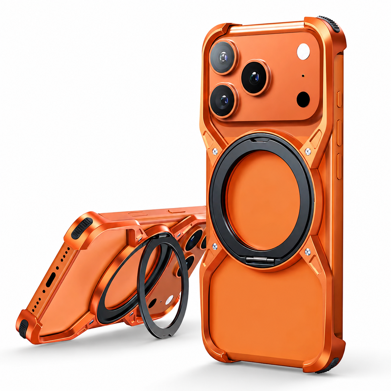 Premium iPhone Case MagSafe Compatible Magnetic Aluminum Bumper Frame Cover 360 Rotating Ring Stand Shockproof Edge Protection Camera Lens Guard Slim Design
