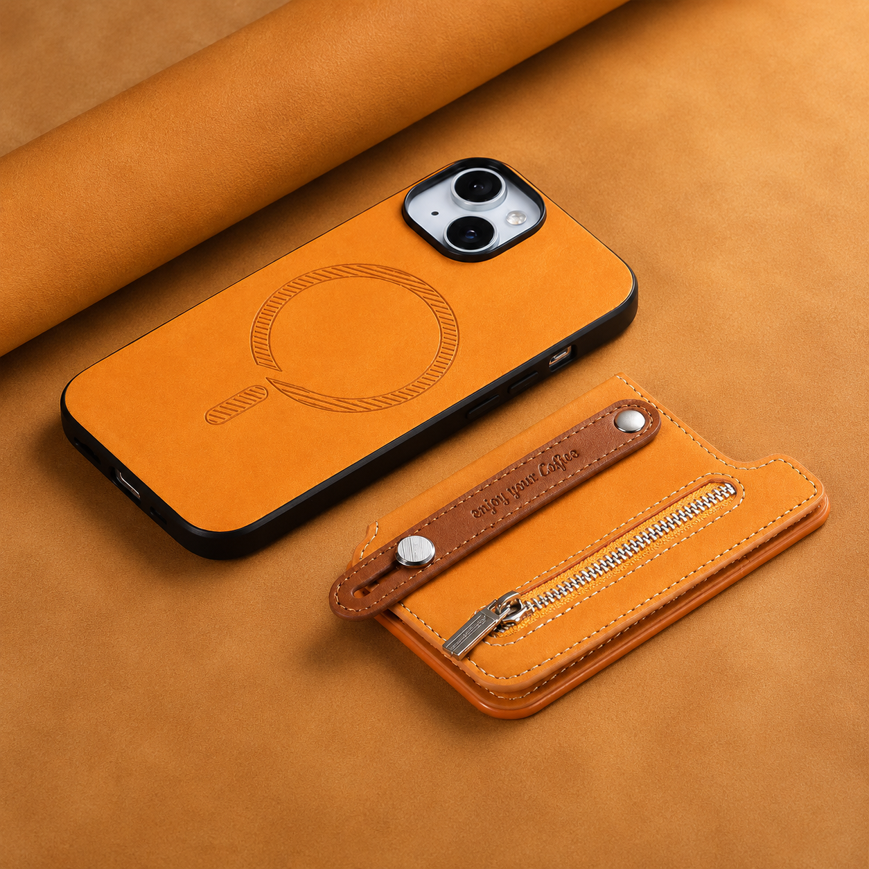 Premium iPhone Wallet Case Detachable Zipper Flip Cover PU Leather Card Holder Magnetic Closure Wrist Strap Shockproof Full Coverage Protective Design