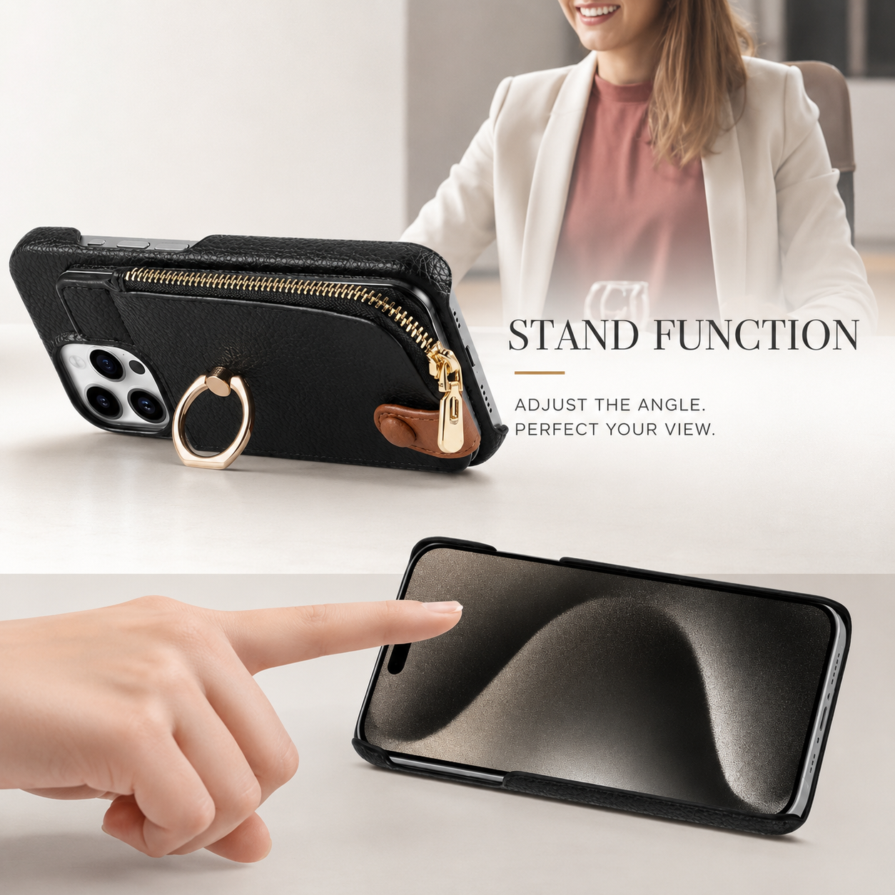 Premium iPhone Case Leather Zipper Wallet Cover MagSafe Compatible Card Holder Ring Kickstand Magnetic Closure Shockproof Camera Protection Full Coverage