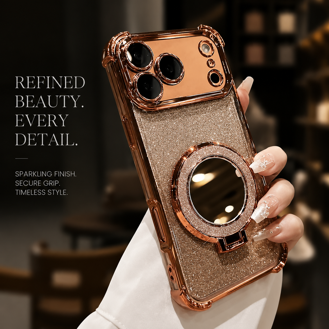 Premium iPhone Case Glitter Mirror Magnetic Bracket Cover Shockproof Silicone Non Slip Anti Scratch Full Coverage Stand Holder Protective Design