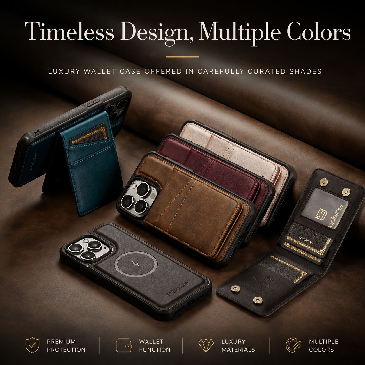 Premium iPhone Case Magnetic Detachable Wallet Flip Cover PU Leather Card Holder Cash Pocket Wrist Strap Shockproof Full Coverage Protective Design