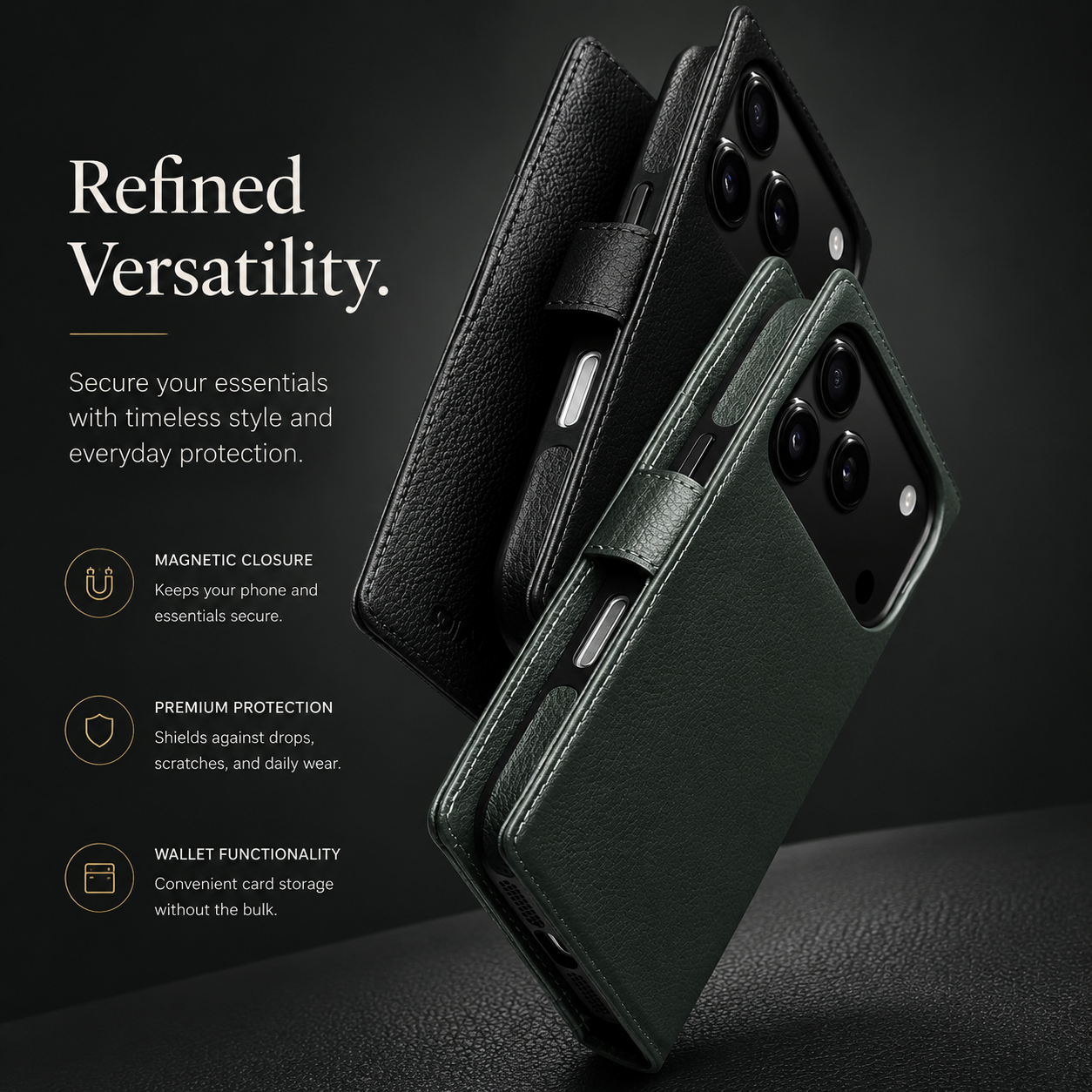 Premium iPhone Case Genuine Leather Wallet Flip Cover Card Holder Kickstand Shockproof Anti Scratch Ultra Slim Full Coverage Protective Design