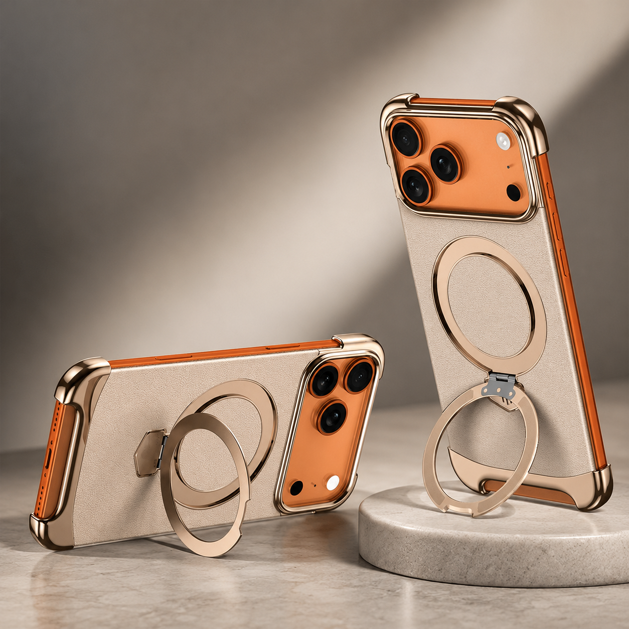 Premium iPhone Case MagSafe Compatible Frameless Magnetic Leather Back Metal Bumper Stand Shockproof Camera Lens Guard Ultra Thin Design