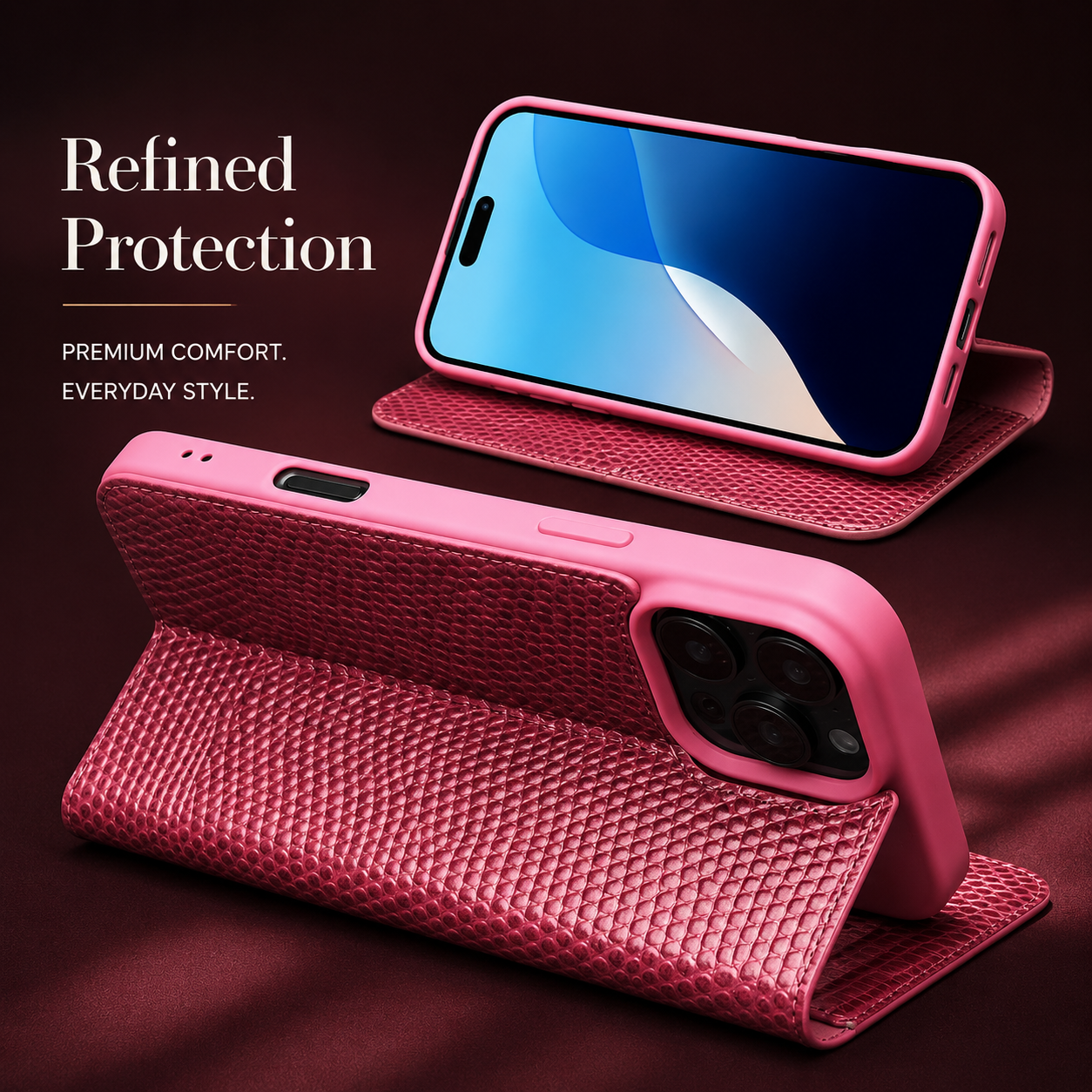 Premium iPhone Case Genuine Leather Flip Cover Wallet Card Holder Magnetic Closure Shockproof Camera Protection Crocodile Grain Stand Full Coverage
