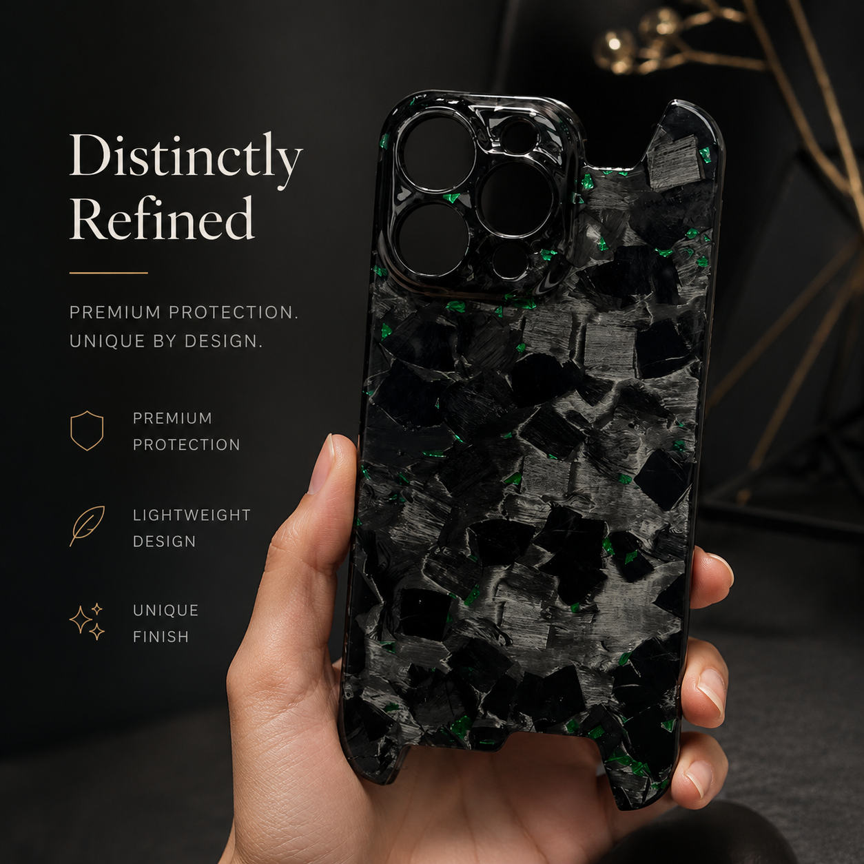 Premium iPhone Case Forged Carbon Fiber Cover Ultra Thin Glossy Lightweight Scratch Resistant Half Wrapped Slim Protective Wireless Charging Design