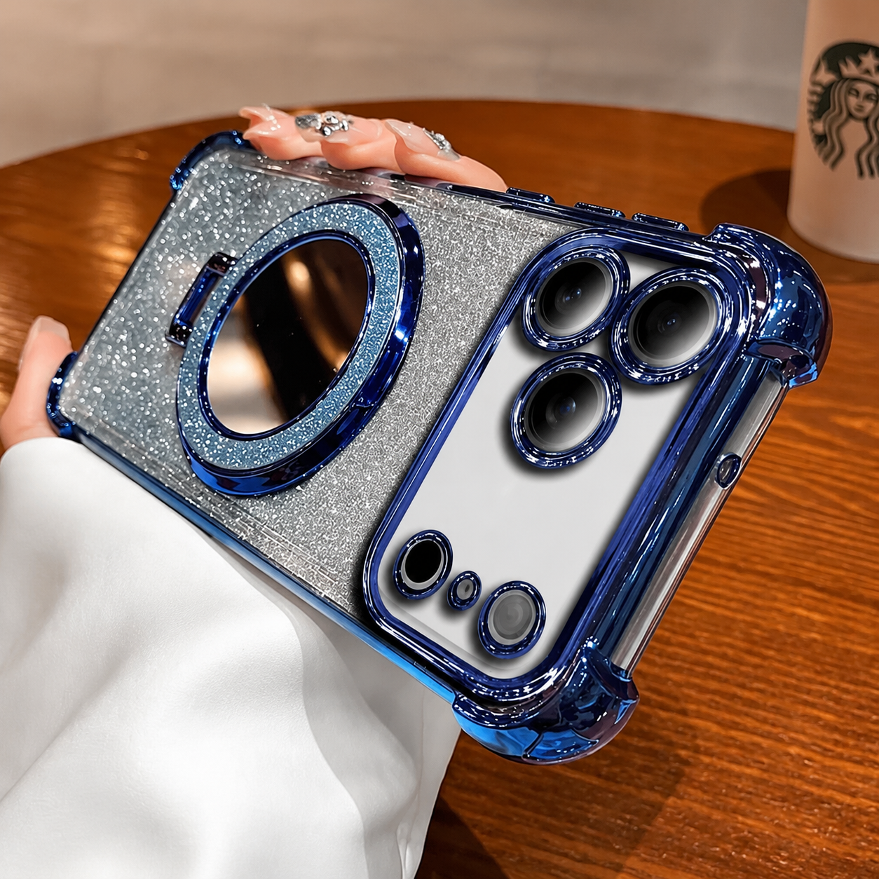 Premium iPhone Case Glitter Mirror Magnetic Bracket Cover Shockproof Silicone Non Slip Anti Scratch Full Coverage Stand Holder Protective Design