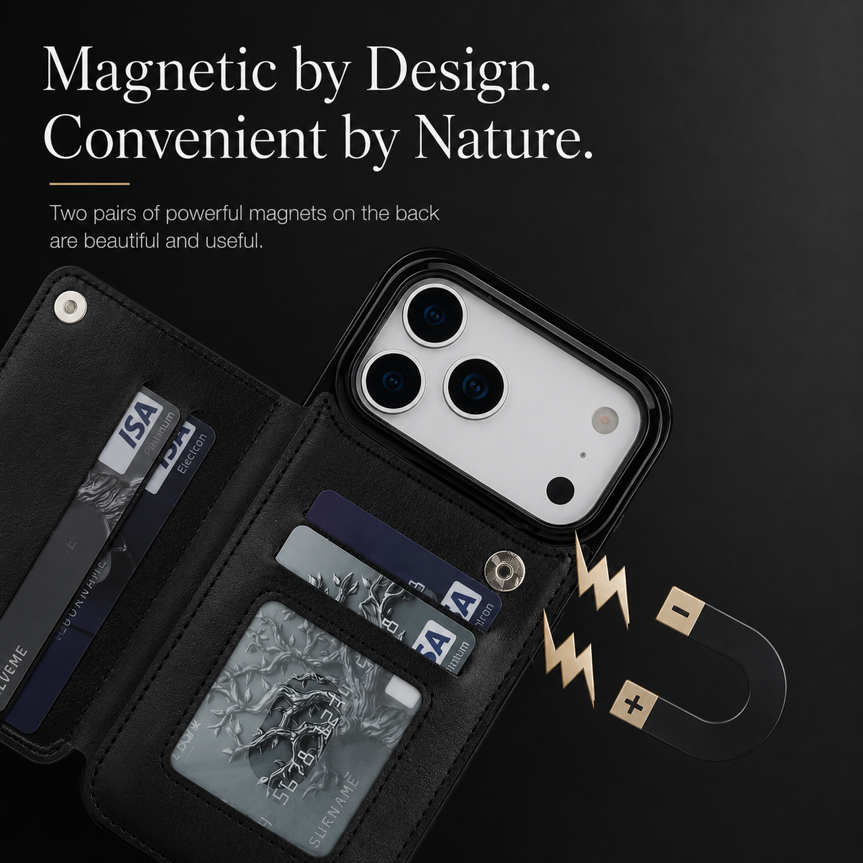 Premium iPhone Case Magnetic Flip Wallet Cover Card Holder Kickstand Shockproof Protective Faux Leather Camera Lens Guard Full Coverage Design