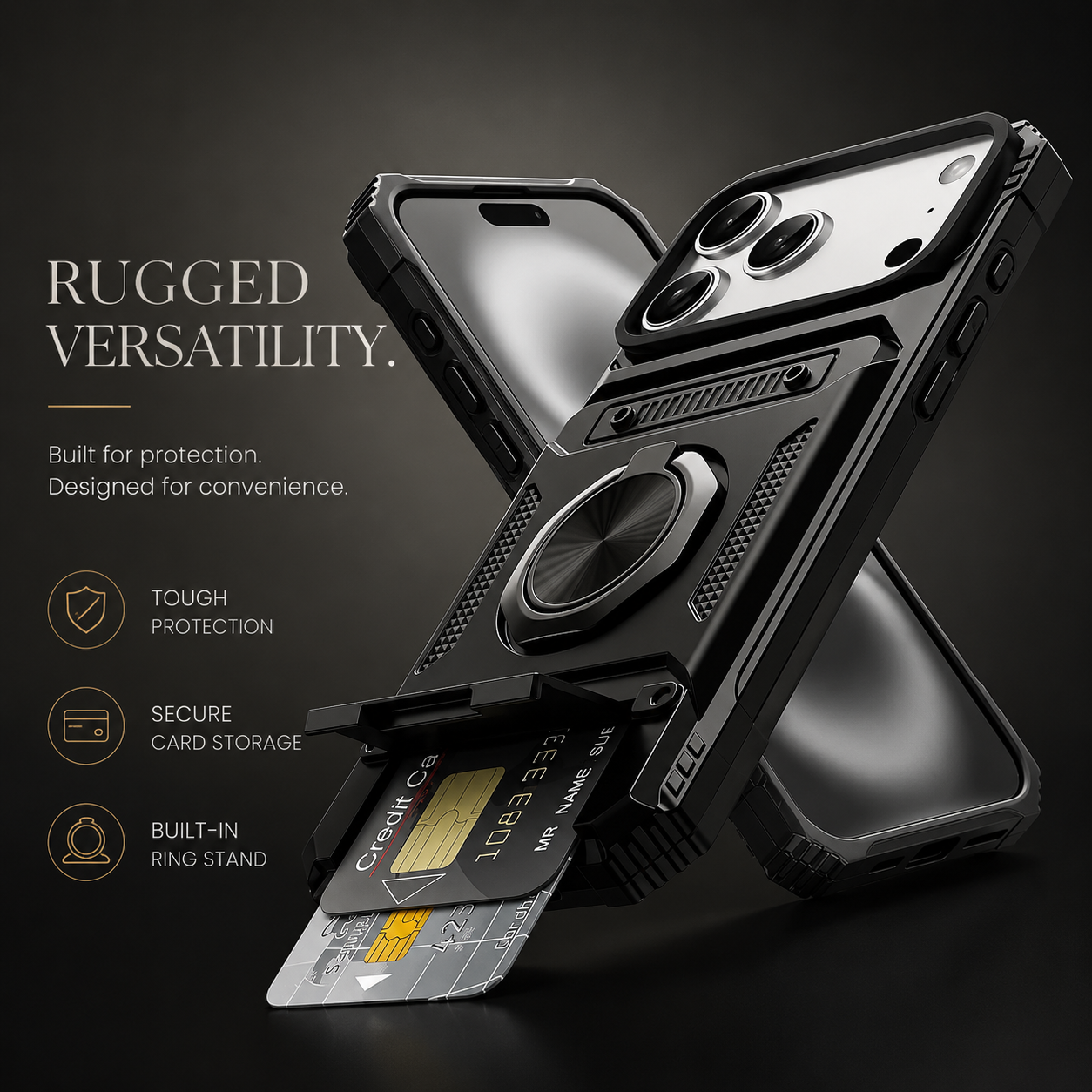 Premium iPhone Case Magnetic Rotating Ring Kickstand Wallet Cover Shockproof Card Holder Heavy Duty Protective Full Coverage Anti Scratch Design