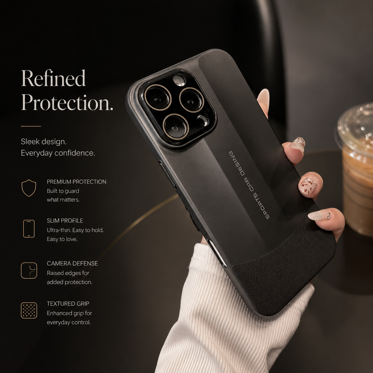Premium iPhone Case Matte Leather Finish Hard Shell Slim Protective Cover Lens Protection Anti Scratch Half Wrapped Full Coverage Design