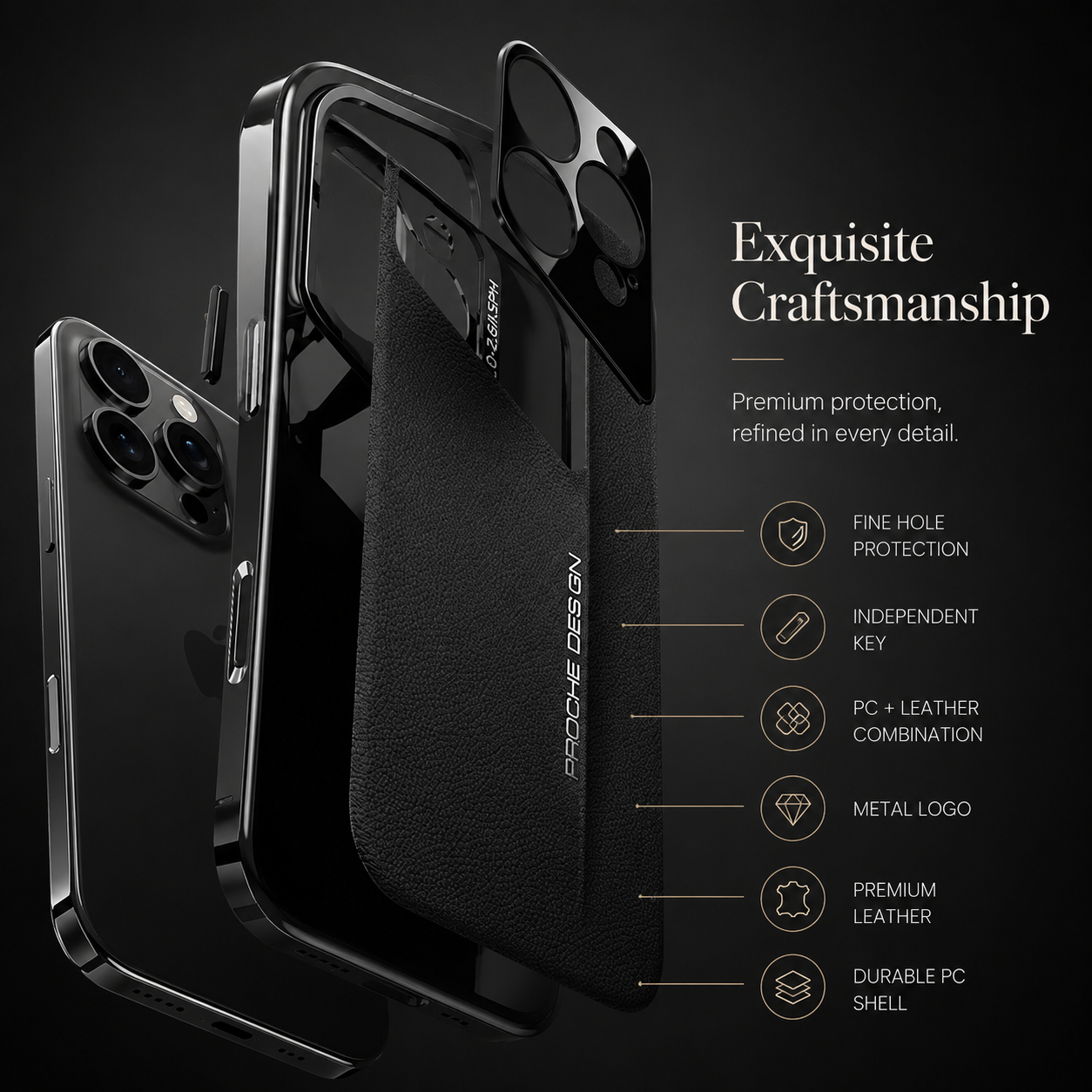 Premium iPhone Case Vegan Leather Hard Back Cover Camera Lens Protection Anti Fingerprint Anti Scratch Slim Lightweight Full Coverage Design