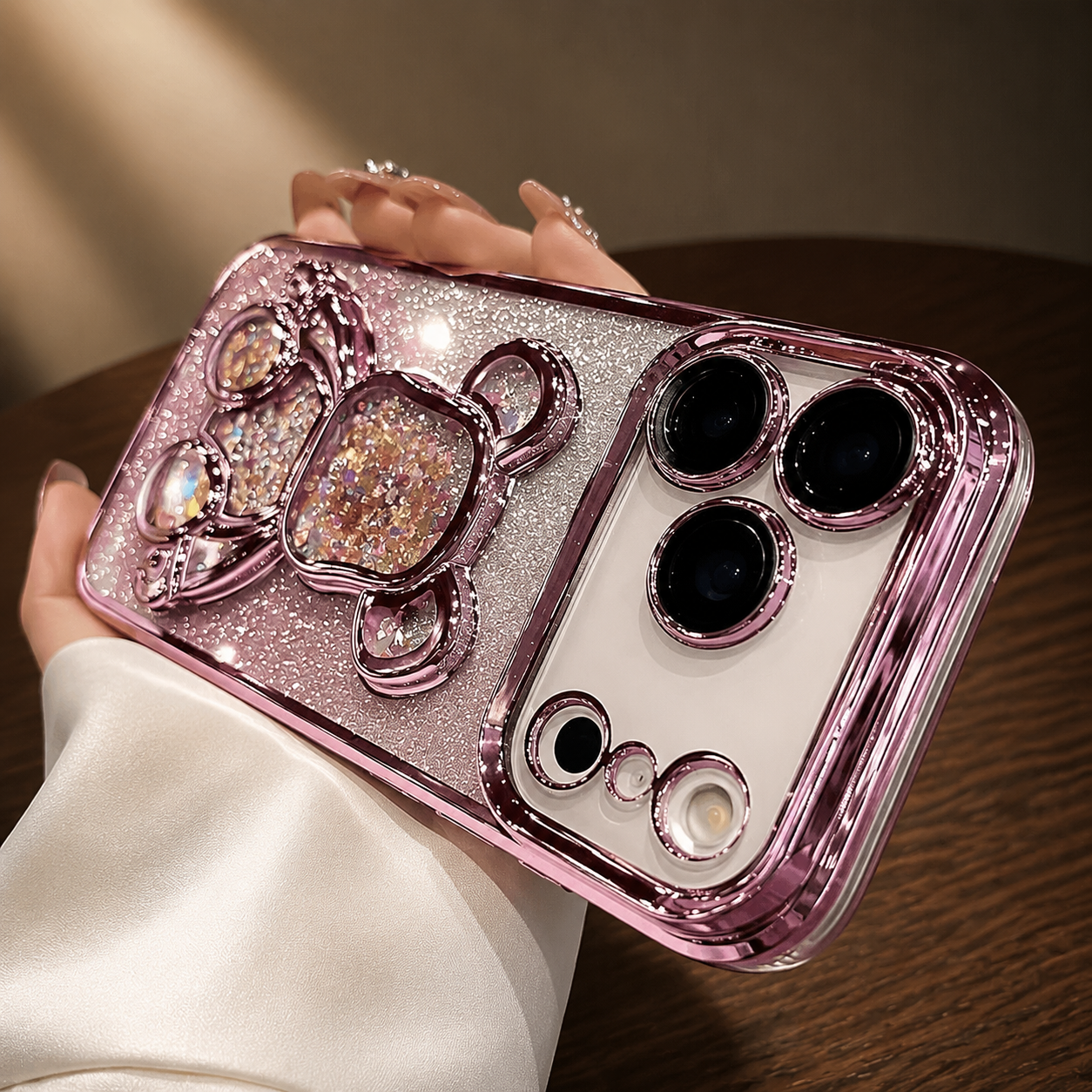 Premium iPhone Case Glitter Quicksand Bear Cover Shockproof Acrylic Plated Camera Protection Dustproof Full Coverage Anti Scratch Protective Design