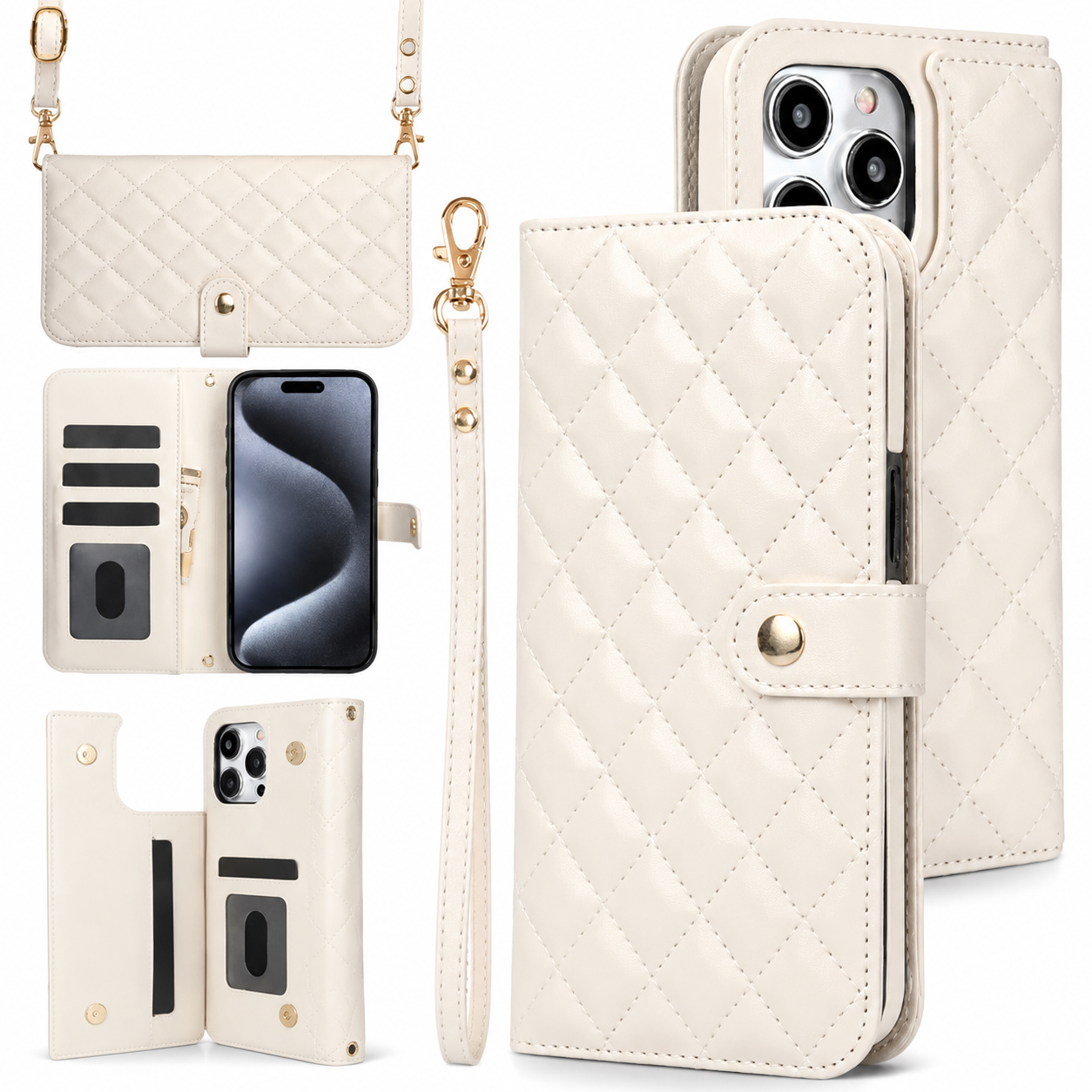 Premium iPhone Wallet Case Crossbody Flip Cover RFID Blocking Card Holder PU Leather Magnetic Closure Shockproof Full Coverage Strap Protective Case